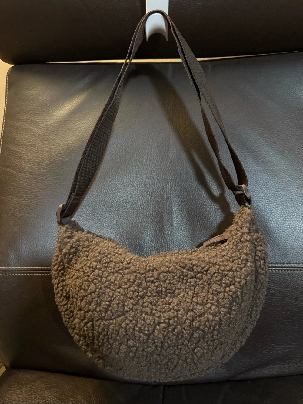 Plush Sherpa Crescent Shoulder Bag in Dark Brown